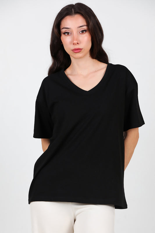 Kadın V Yaka Oversize T-Shirt Siyah
