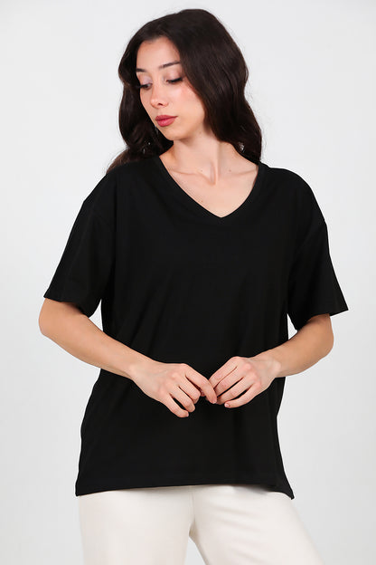 Kadın V Yaka Oversize T-Shirt Siyah