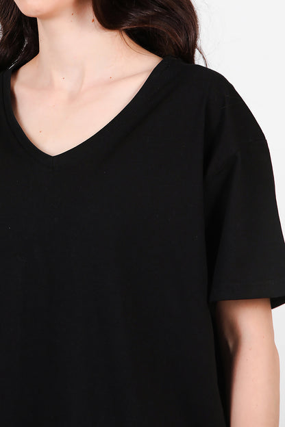 Kadın V Yaka Oversize T-Shirt Siyah