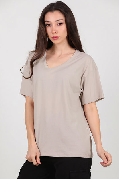 Kadın V Yaka Oversize T-Shirt Vizon