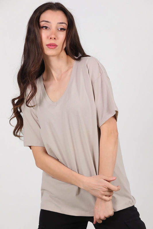 Kadın V Yaka Oversize T-Shirt Vizon