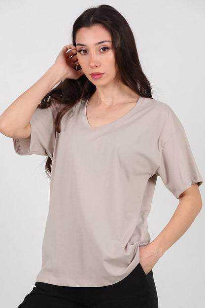 Kadın V Yaka Oversize T-Shirt Vizon
