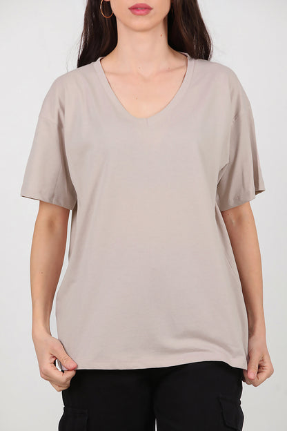 Kadın V Yaka Oversize T-Shirt Vizon