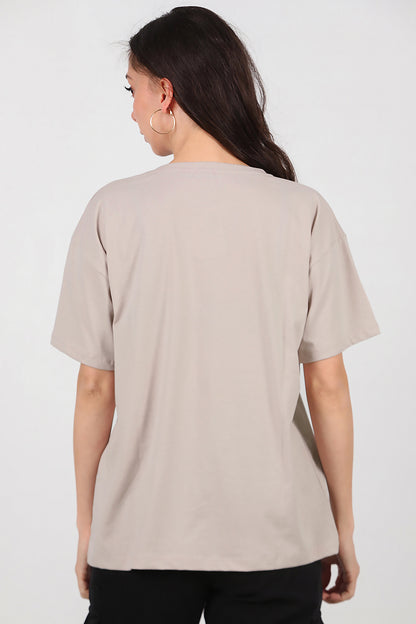 Kadın V Yaka Oversize T-Shirt Vizon