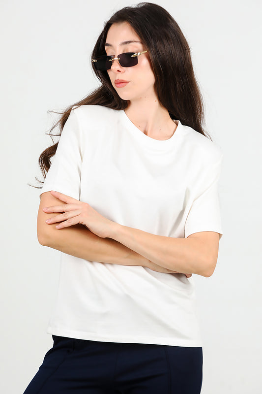 Kadın Bisiklet Yaka Vatkalı T-shirt Ekru