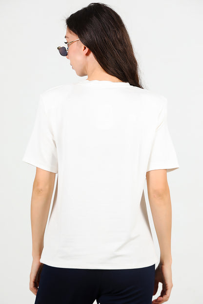 Kadın Bisiklet Yaka Vatkalı T-shirt Ekru