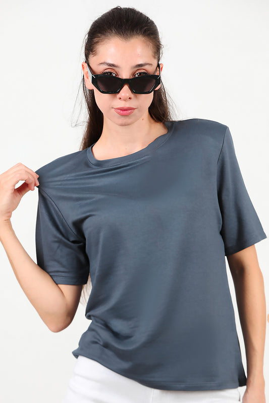 Kadın Bisiklet Yaka Vatkalı T-shirt Füme