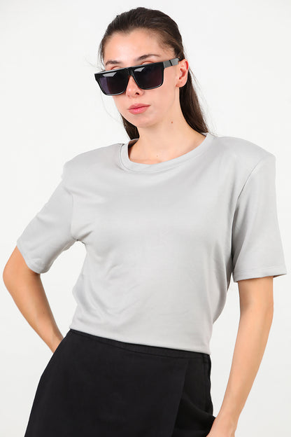 Kadın Bisiklet Yaka Vatkalı T-shirt Gri