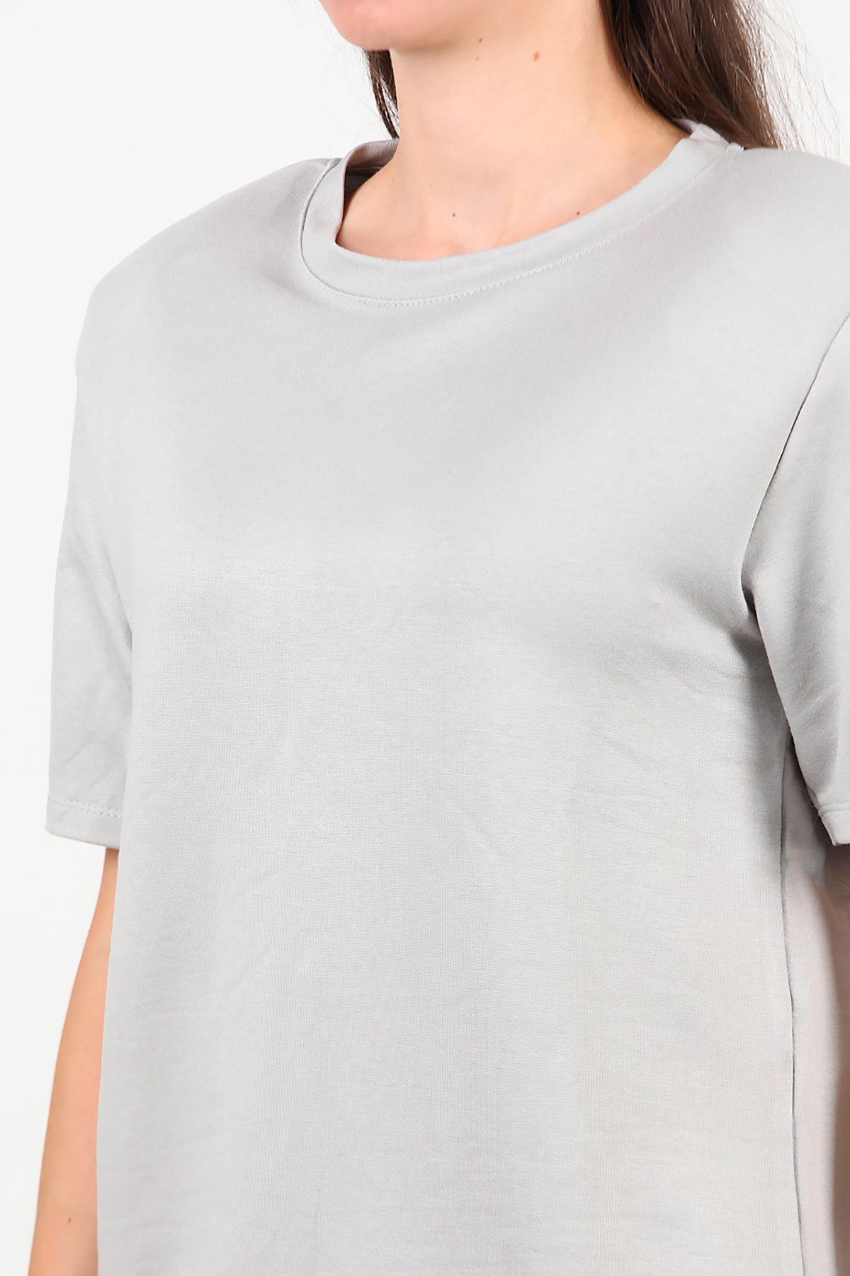 Kadın Bisiklet Yaka Vatkalı T-shirt Gri