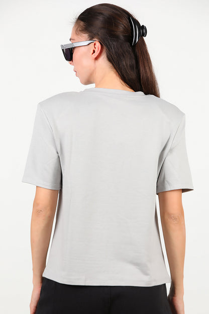Kadın Bisiklet Yaka Vatkalı T-shirt Gri