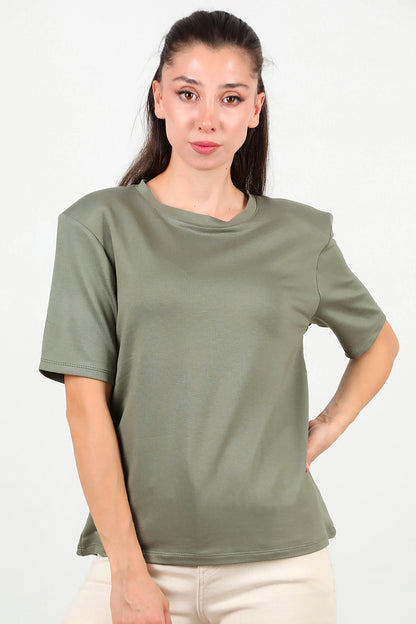 Kadın Bisiklet Yaka Vatkalı T-shirt Haki