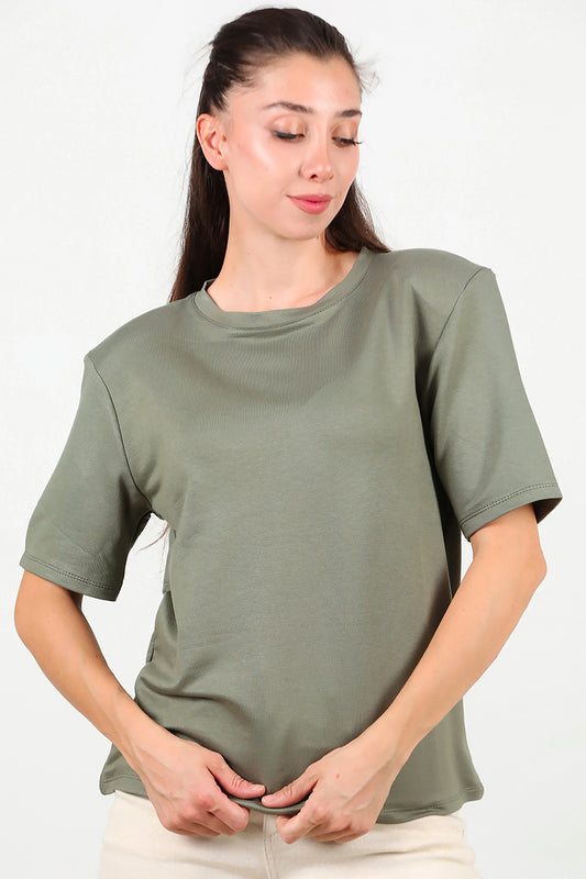 Kadın Bisiklet Yaka Vatkalı T-shirt Haki