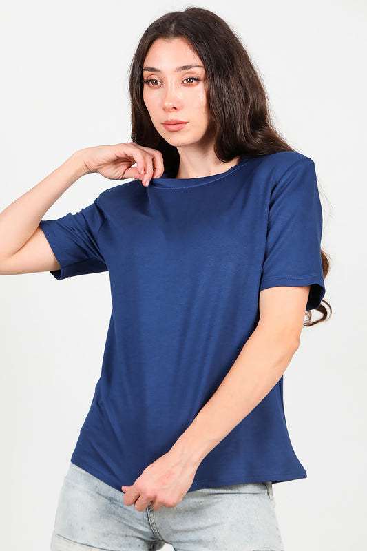 Kadın Bisiklet Yaka Vatkalı T-shirt Lacivert