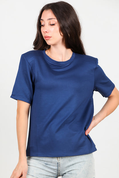 Kadın Bisiklet Yaka Vatkalı T-shirt Lacivert