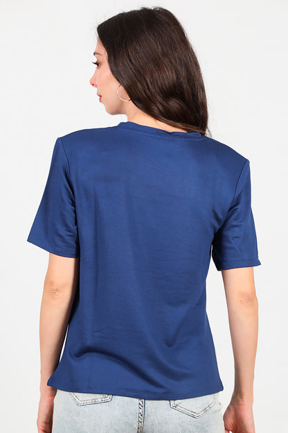 Kadın Bisiklet Yaka Vatkalı T-shirt Lacivert