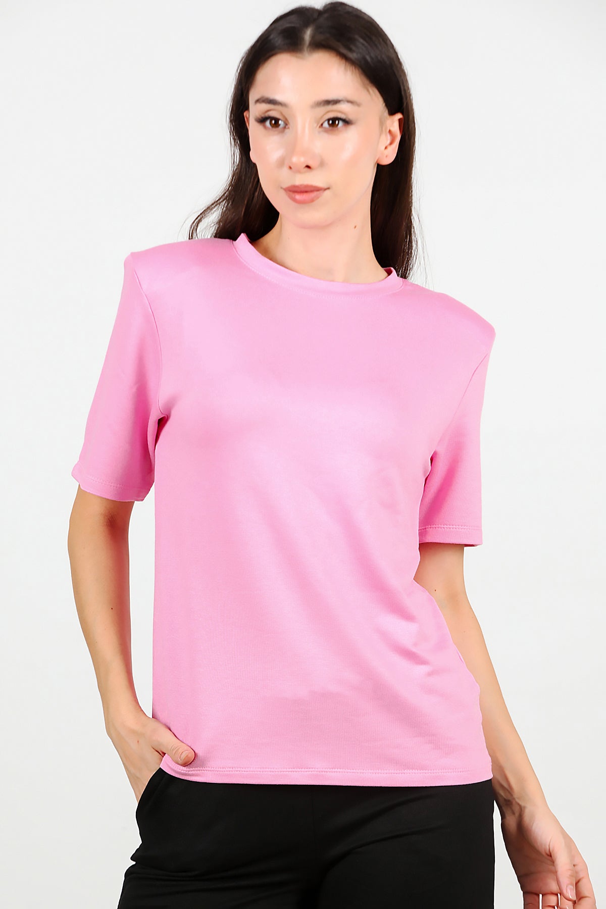 Kadın Bisiklet Yaka Vatkalı T-shirt Pembe