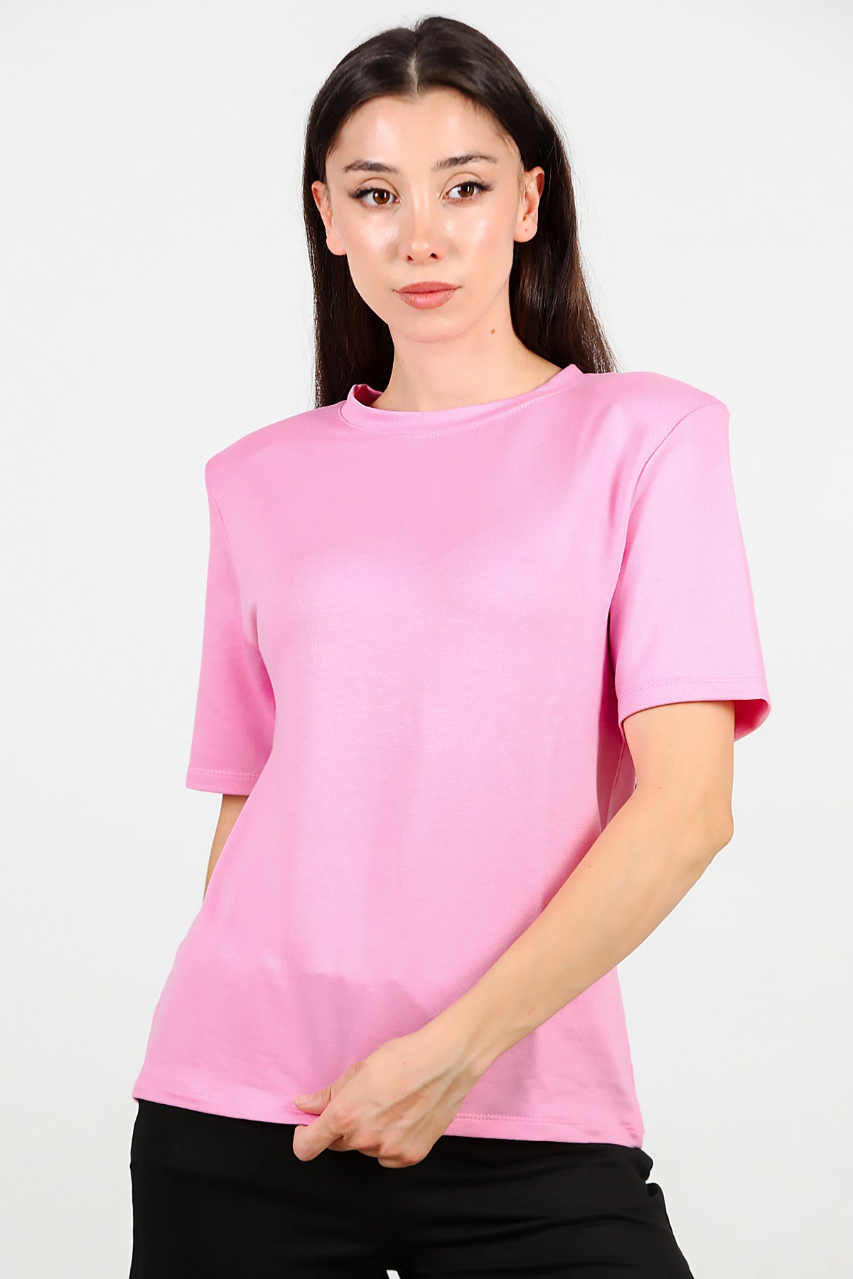 Kadın Bisiklet Yaka Vatkalı T-shirt Pembe