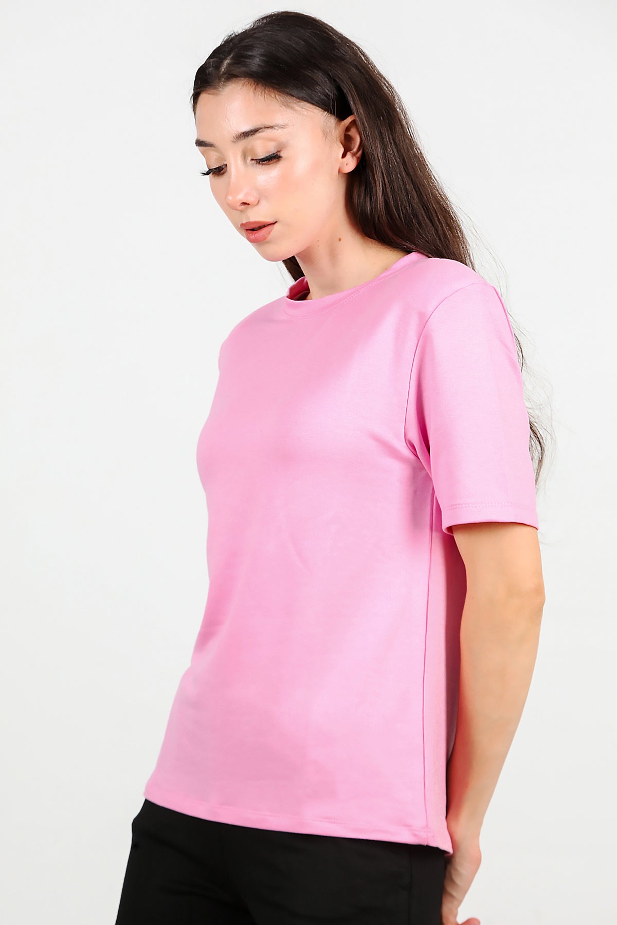 Kadın Bisiklet Yaka Vatkalı T-shirt Pembe