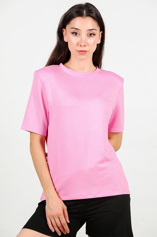 Kadın Bisiklet Yaka Vatkalı T-shirt Pembe
