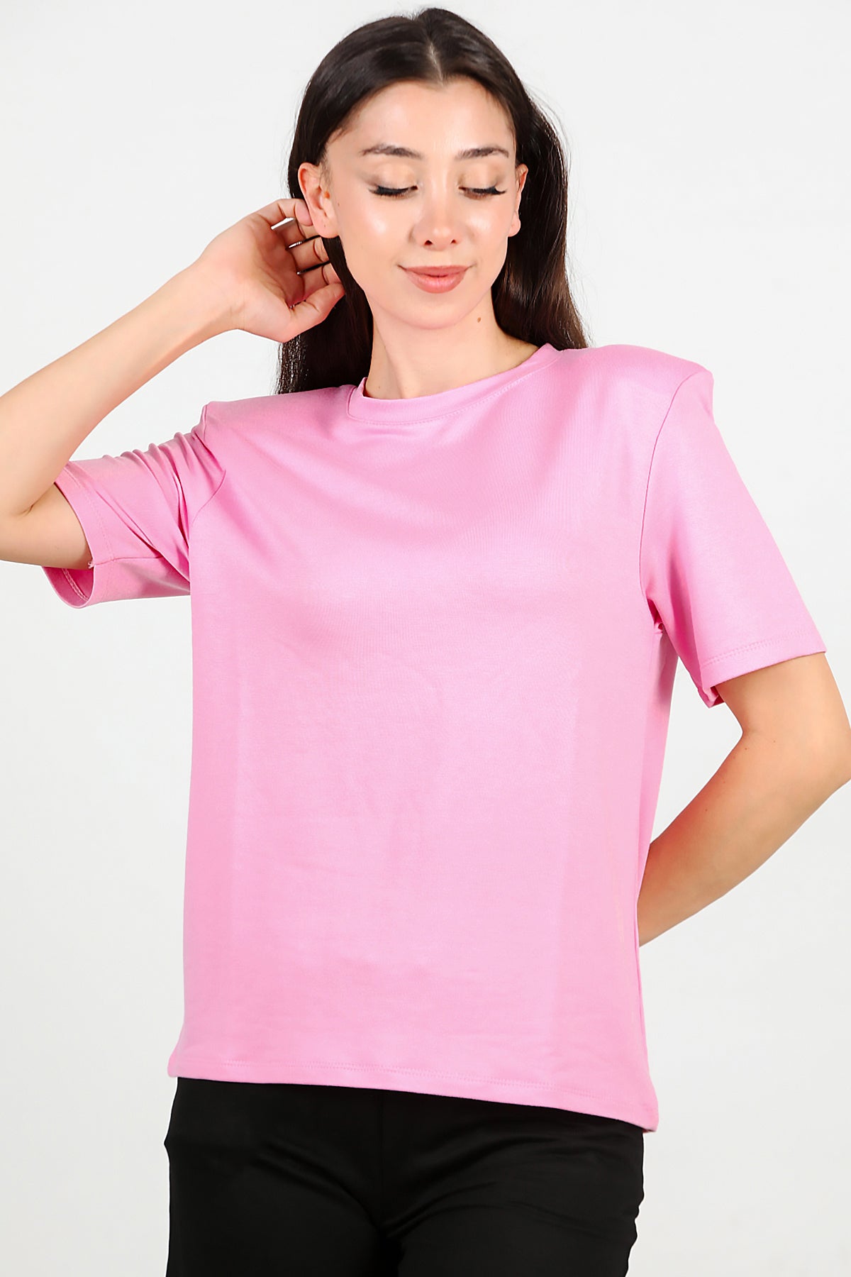Kadın Bisiklet Yaka Vatkalı T-shirt Pembe