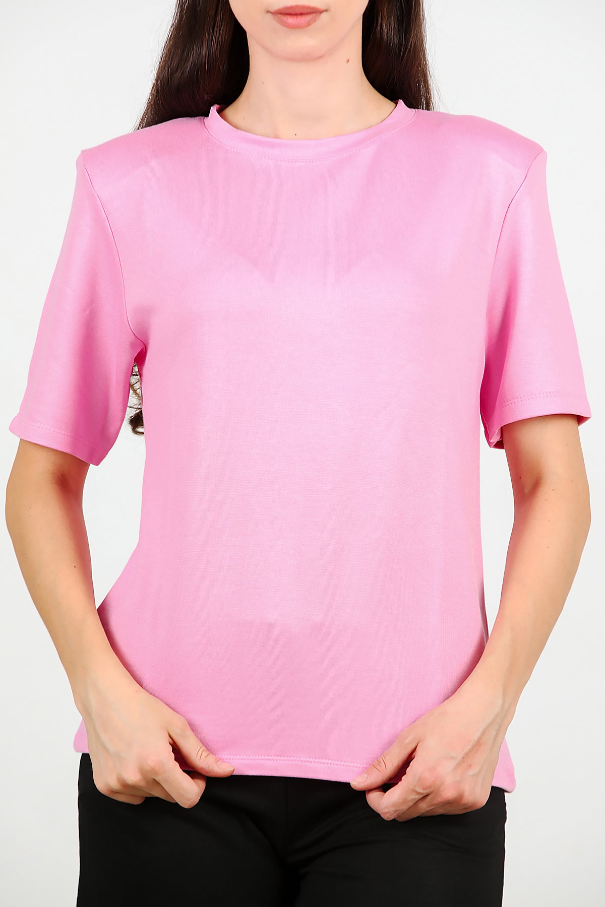 Kadın Bisiklet Yaka Vatkalı T-shirt Pembe