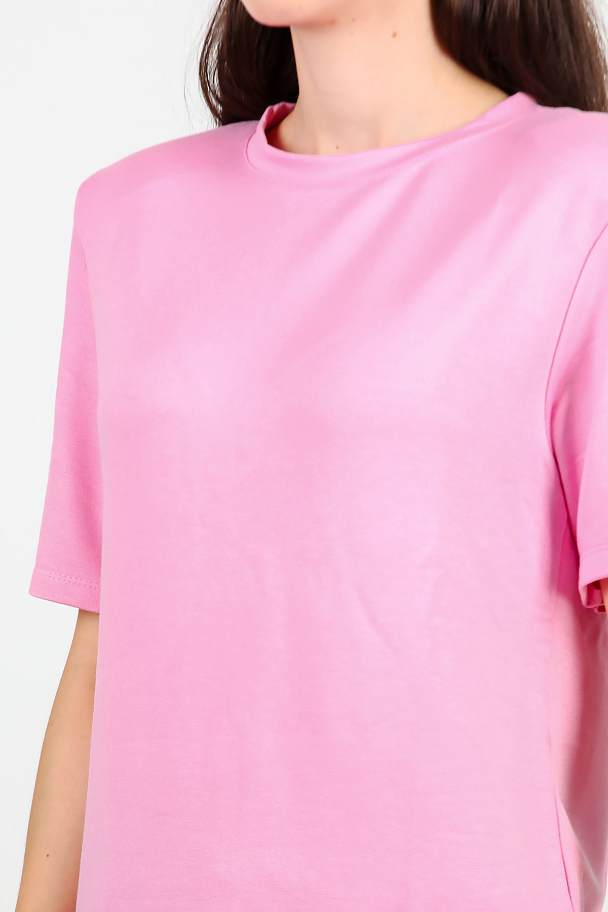 Kadın Bisiklet Yaka Vatkalı T-shirt Pembe