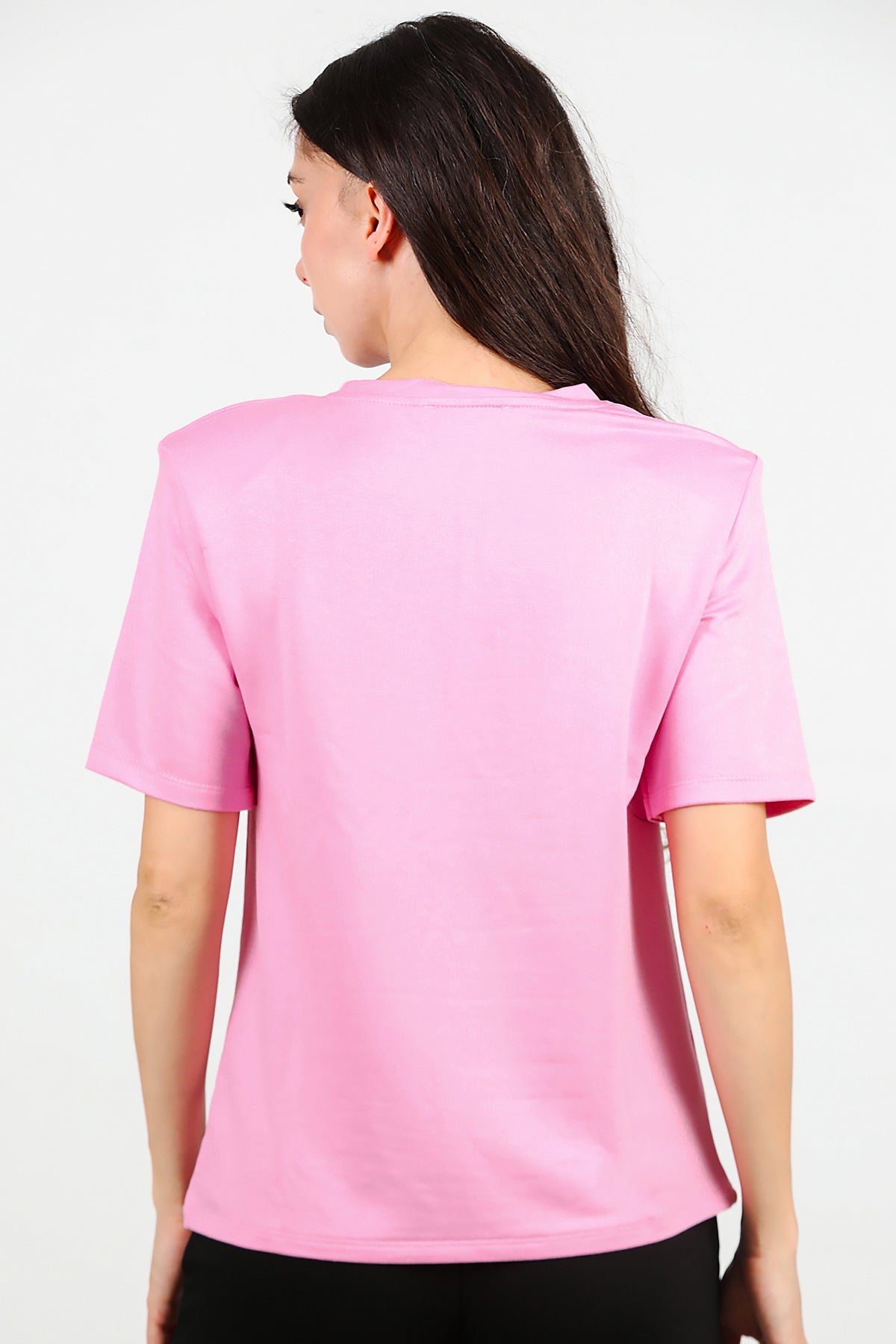 Kadın Bisiklet Yaka Vatkalı T-shirt Pembe