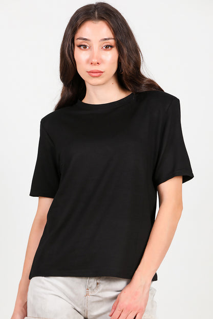 Kadın Bisiklet Yaka Vatkalı T-shirt Siyah
