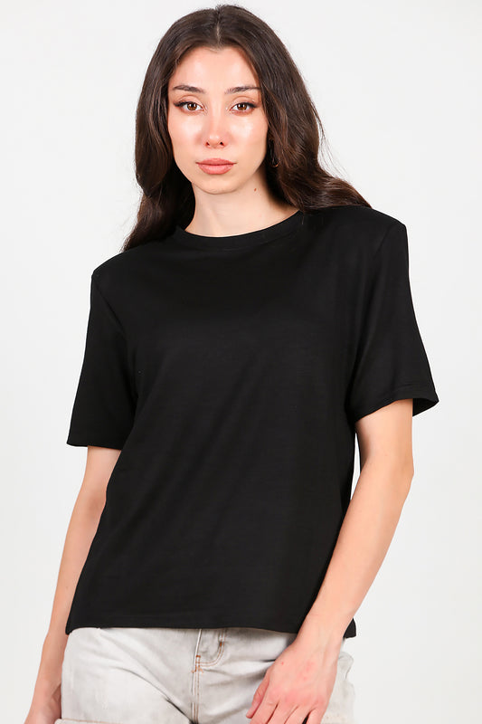 Kadın Bisiklet Yaka Vatkalı T-shirt Siyah