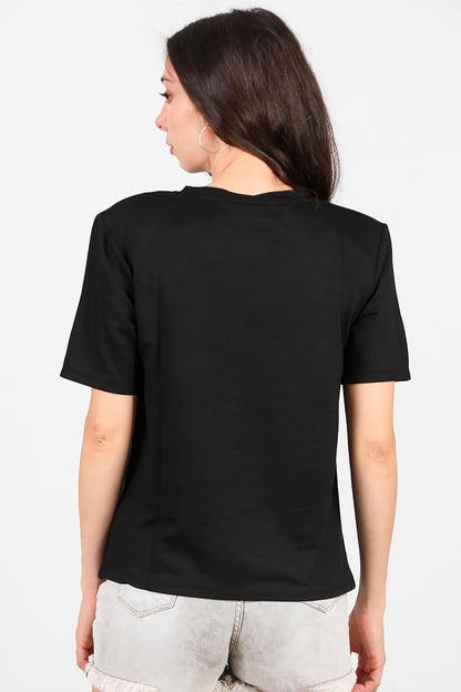 Kadın Bisiklet Yaka Vatkalı T-shirt Siyah