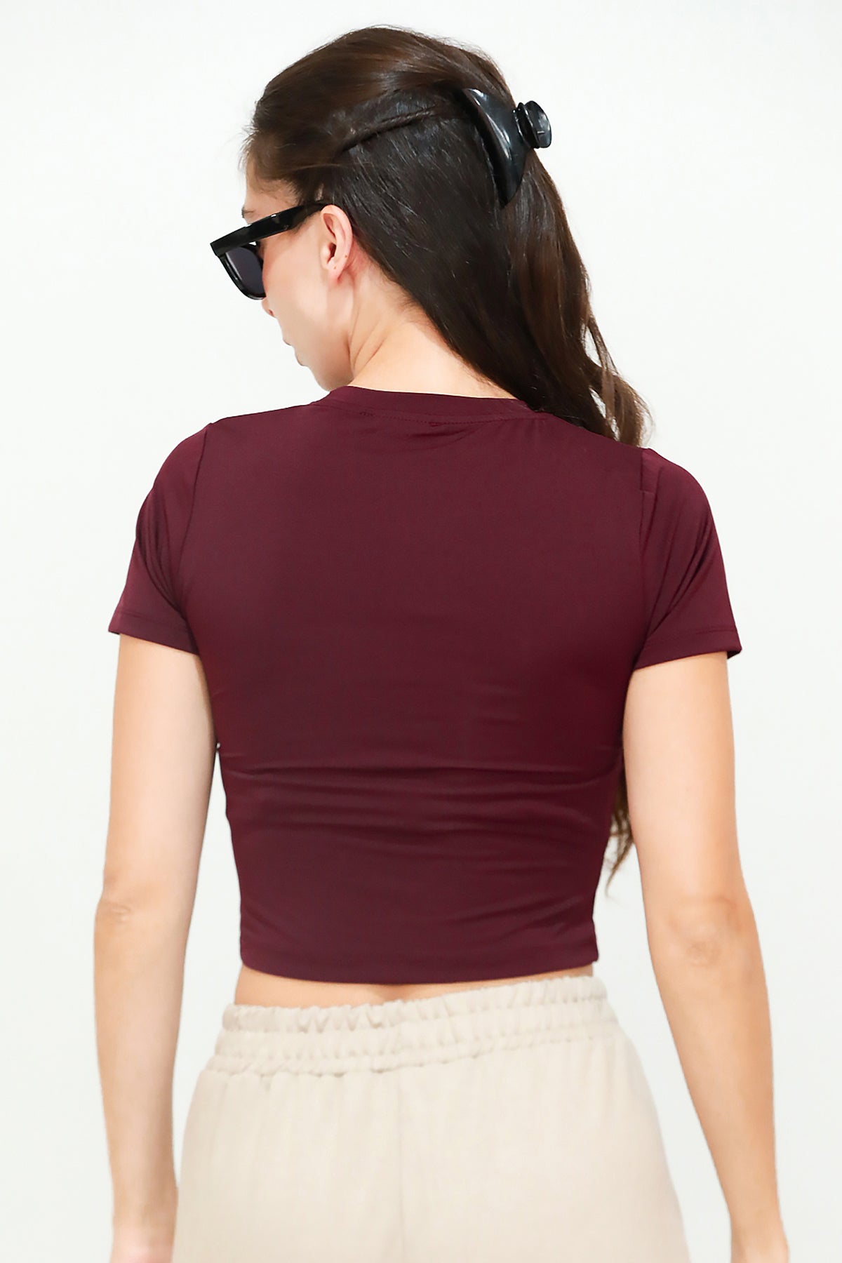 Kadın Bisiklet Yaka Crop T-Shirt Bordo