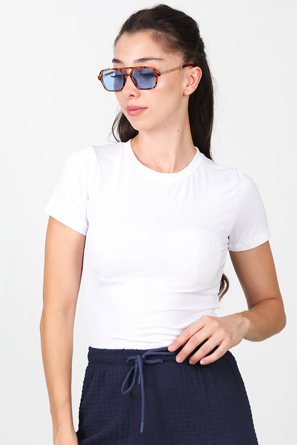 Kadın Bisiklet Yaka Crop T-Shirt Beyaz