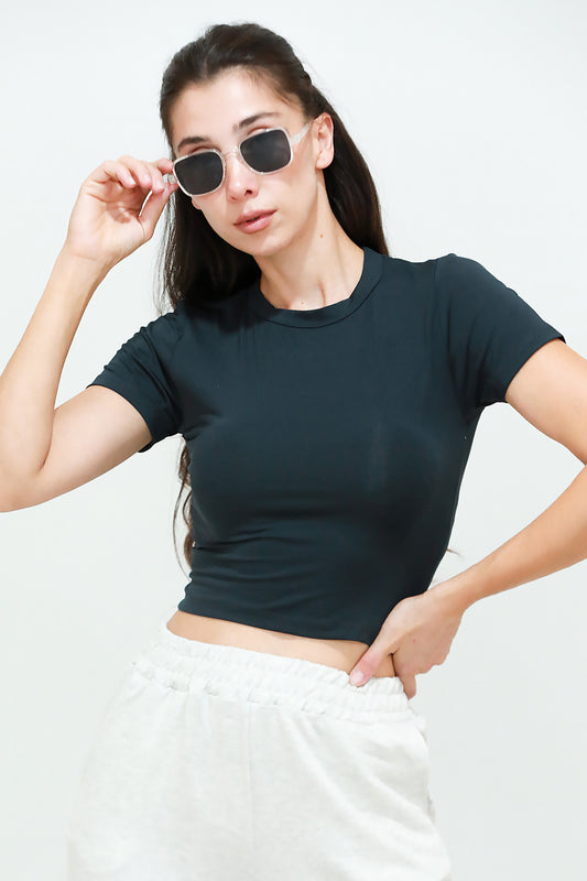 Kadın Bisiklet Yaka Crop T-Shirt Füme