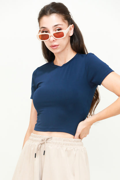 Kadın Bisiklet Yaka Crop T-Shirt Lacivert
