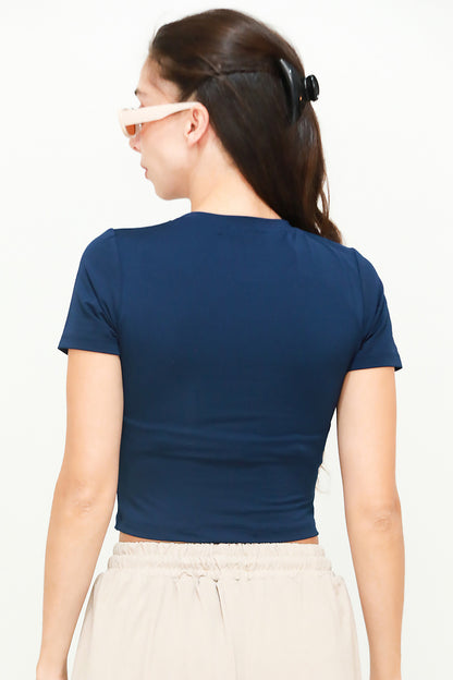 Kadın Bisiklet Yaka Crop T-Shirt Lacivert