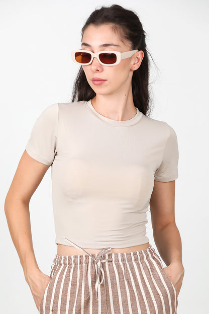Kadın Bisiklet Yaka Crop T-Shirt Vizon