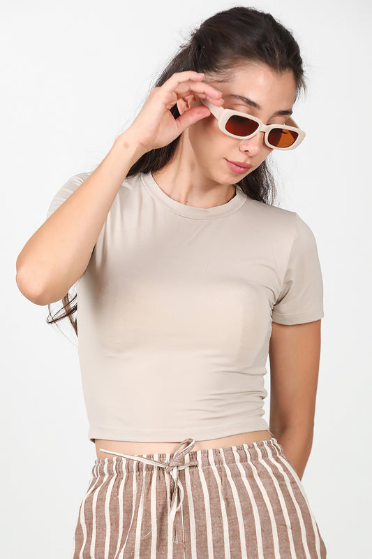 Kadın Bisiklet Yaka Crop T-Shirt Vizon