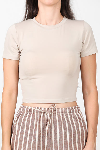 Kadın Bisiklet Yaka Crop T-Shirt Vizon