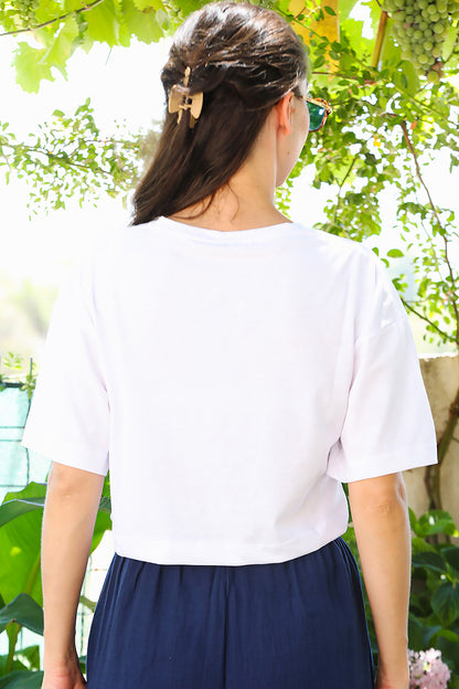 Kadın V Yaka Kısa T-Shirt  Beyaz