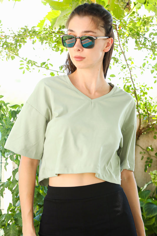 Kadın V Yaka Kısa T-Shirt Haki