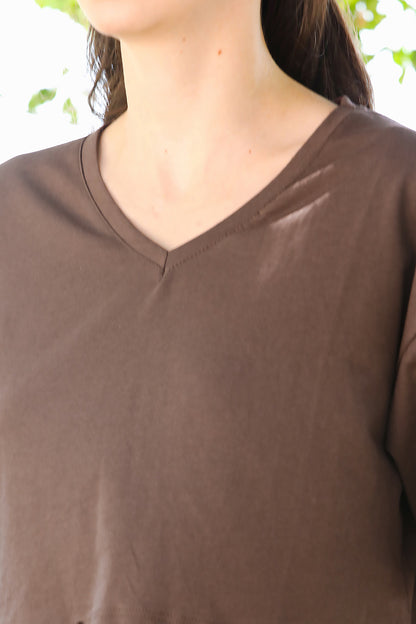 Kadın V Yaka Kısa T-Shirt  Kahverengi