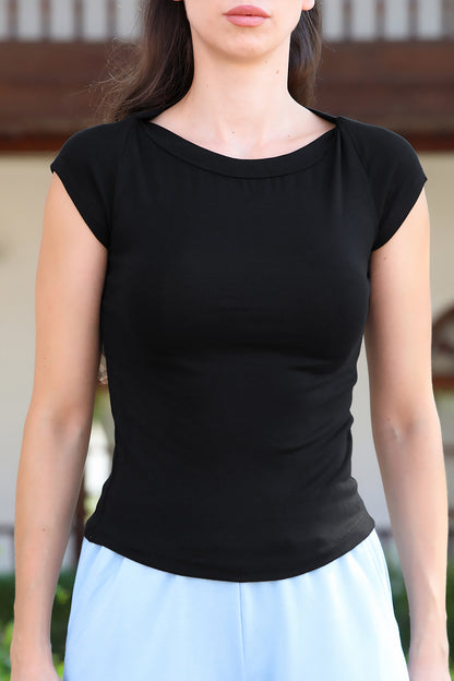 Kadın Kayık Yaka Bluz T-Shirt Siyah