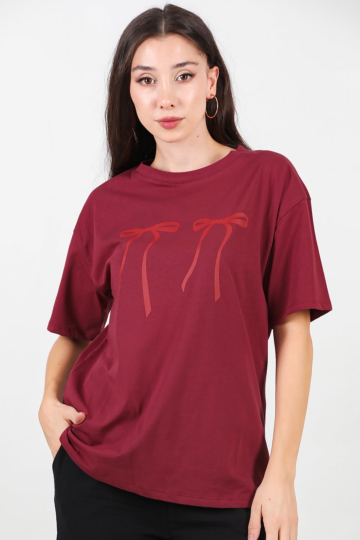 Kadın Baskılı Oversize T-shirt Bordo