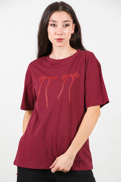 Kadın Baskılı Oversize T-shirt Bordo