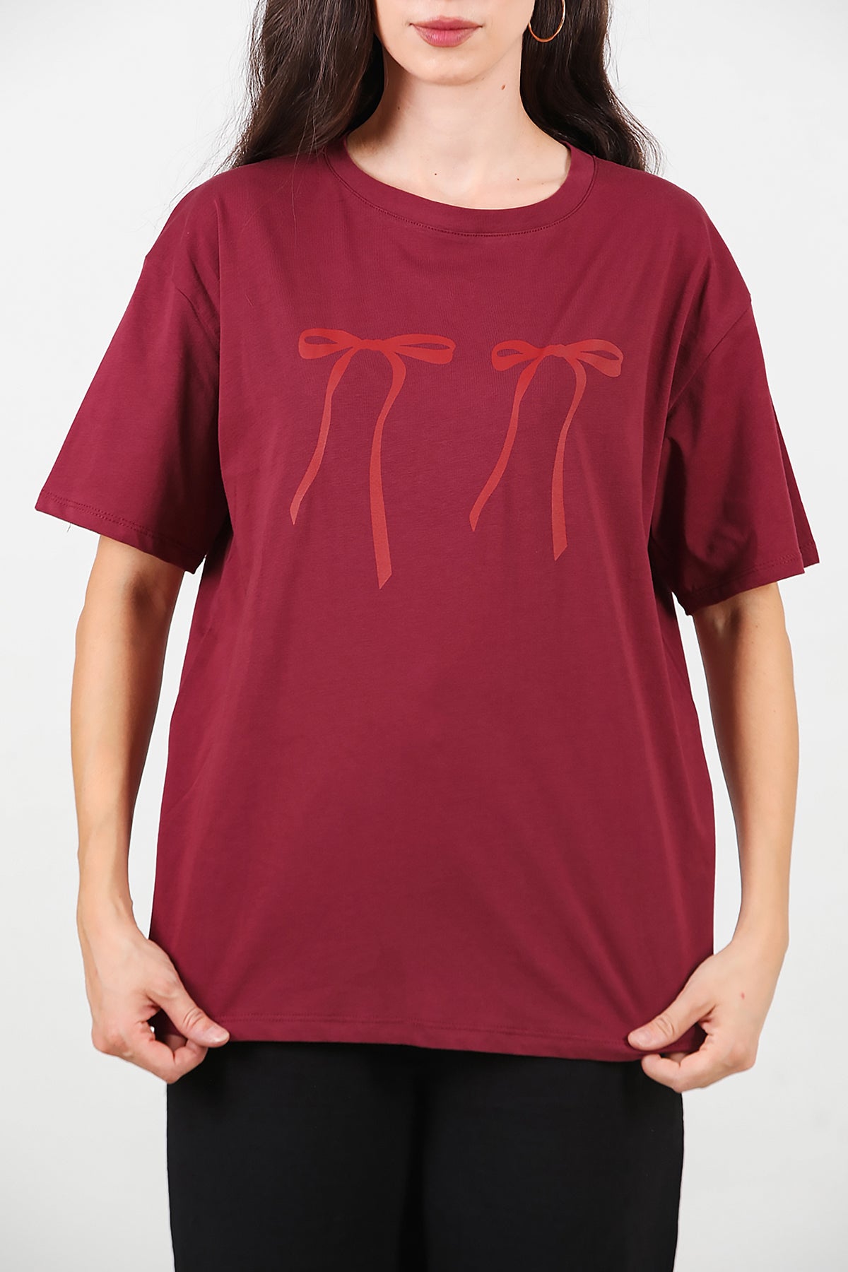 Kadın Baskılı Oversize T-shirt Bordo