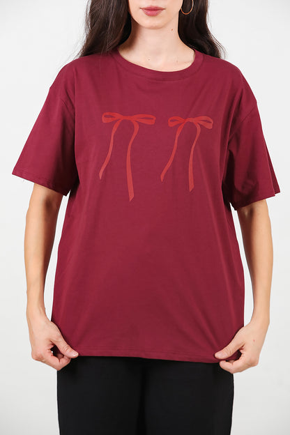 Kadın Baskılı Oversize T-shirt Bordo