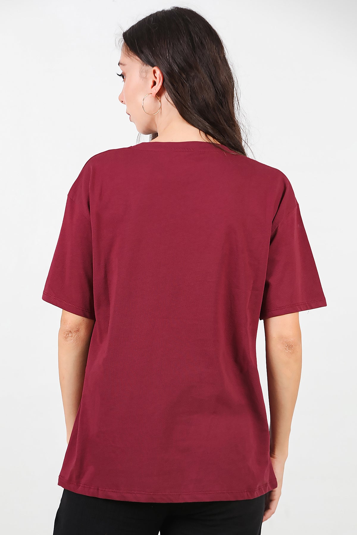 Kadın Baskılı Oversize T-shirt Bordo