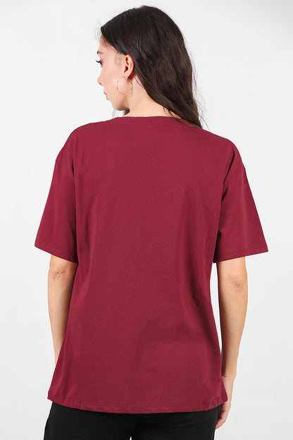 Kadın Baskılı Oversize T-shirt Bordo