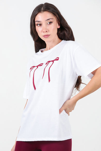 Kadın Baskılı Oversize T-shirt Beyaz