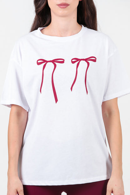Kadın Baskılı Oversize T-shirt Beyaz